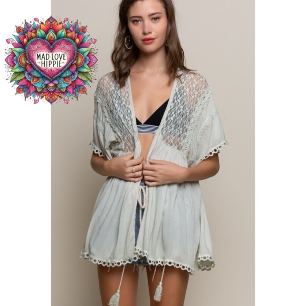 POL Light Sage Tassel Tie Rayon Gauze + Lace Kimono Cardigan